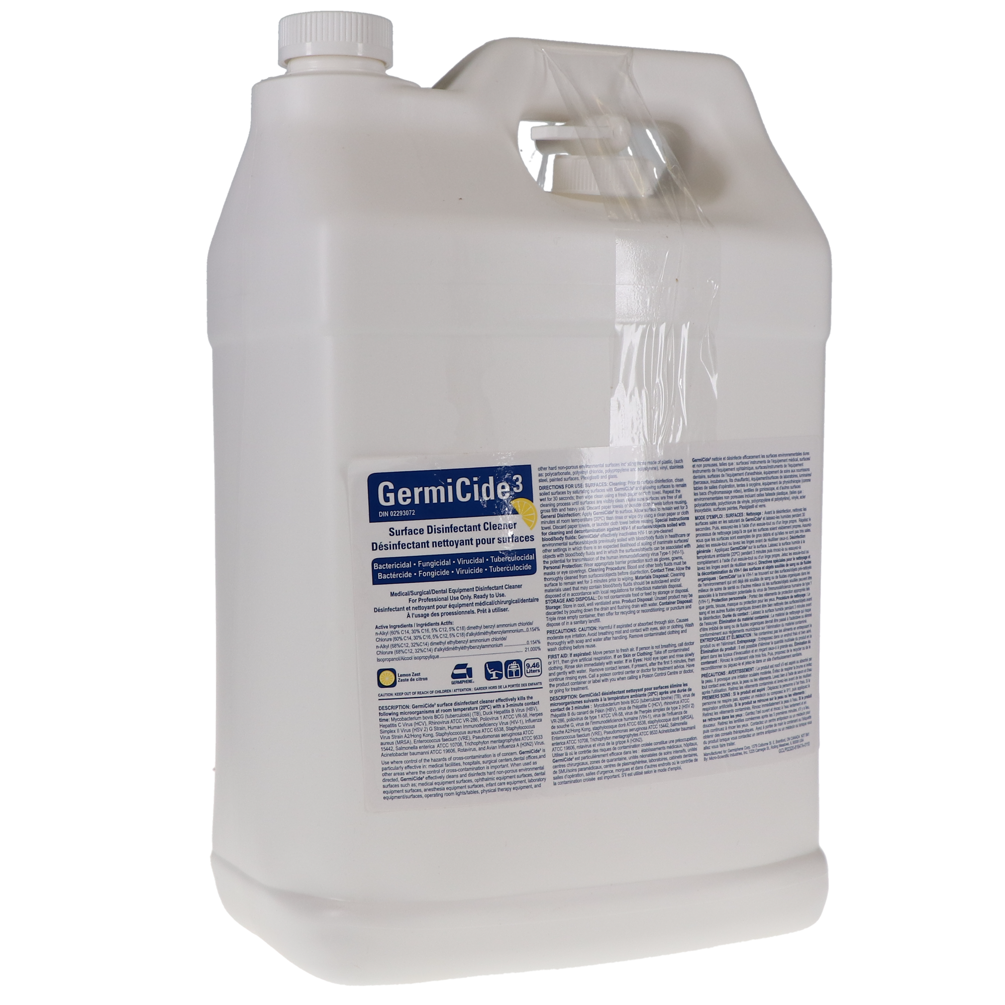 GermiCide 3 Broad-Spectrum Multi-Surface Disinfectant, 9.46 L Bottle, Lemon Scented, 1/Pk, GERMI-3LXXL, GERMI-3-L-XXXL product image