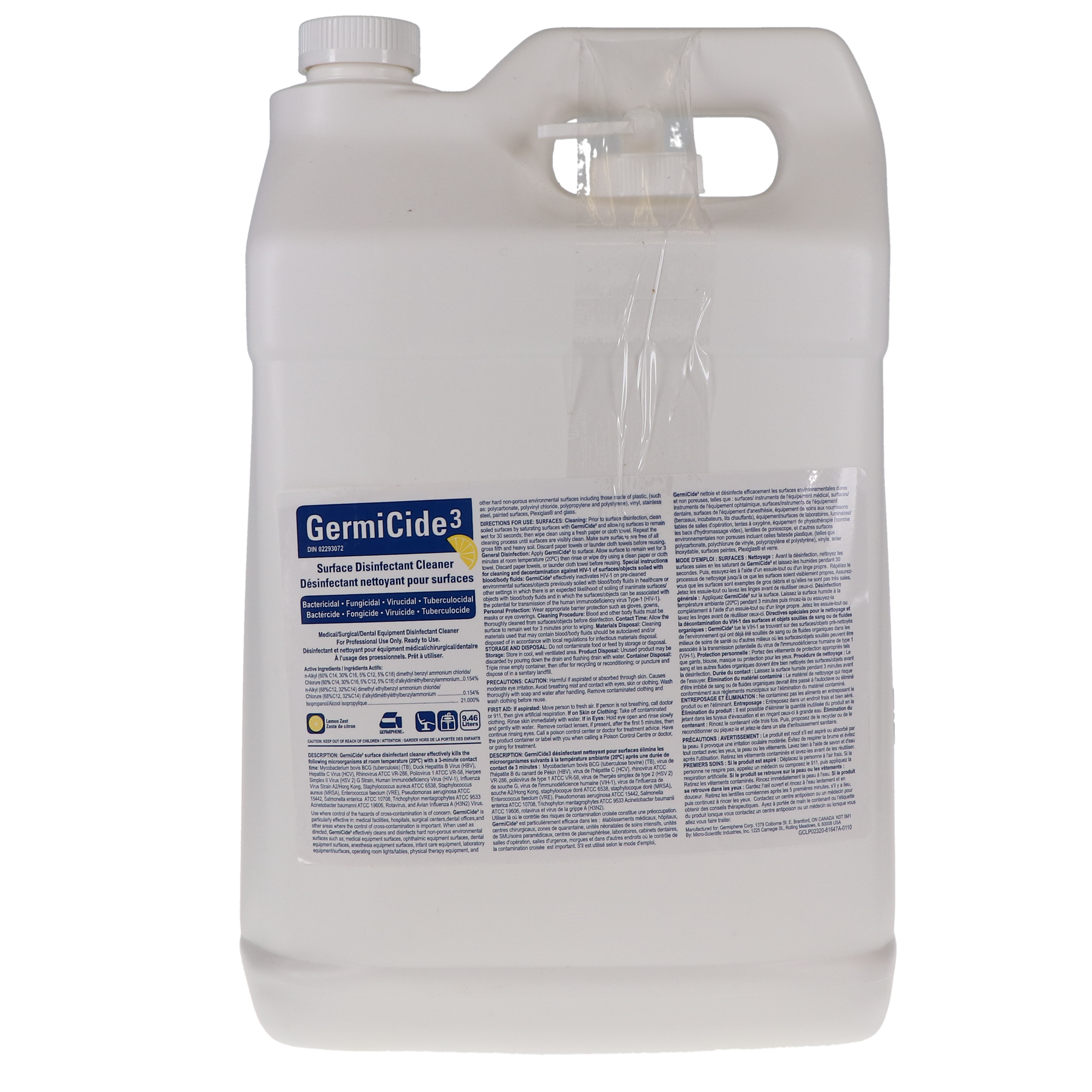 GermiCide 3 Broad-Spectrum Multi-Surface Disinfectant, 9.46 L Bottle, Lemon Scented, 1/Pk, GERMI-3LXXL, GERMI-3-L-XXXL thumbnail 5