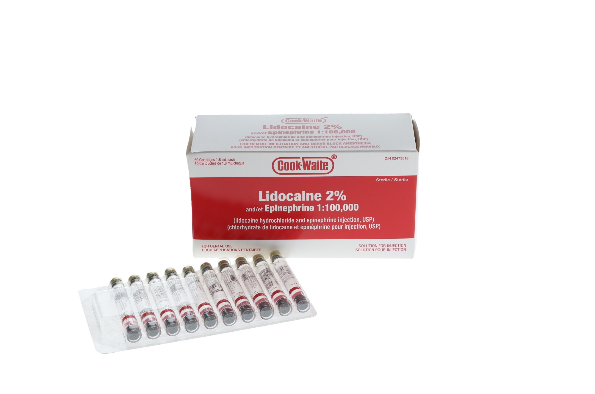 Cook-Waite, Lidocaine HCl 2%, with Epinephrine, 1:100,000, 1.8 ml, Red, 50/Pk, 99168 thumbnail 2