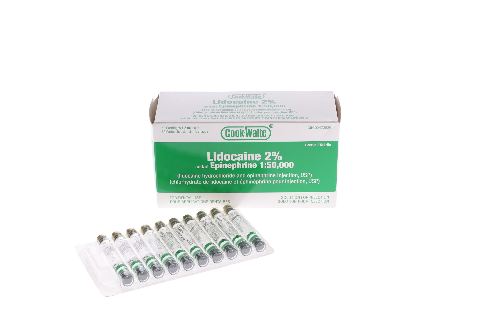 Cook-Waite, Lidocaine HCl 2%, with Epinephrine, 1:50,000, 1.8 ml, Green, 50/Pk, 99170 thumbnail 3