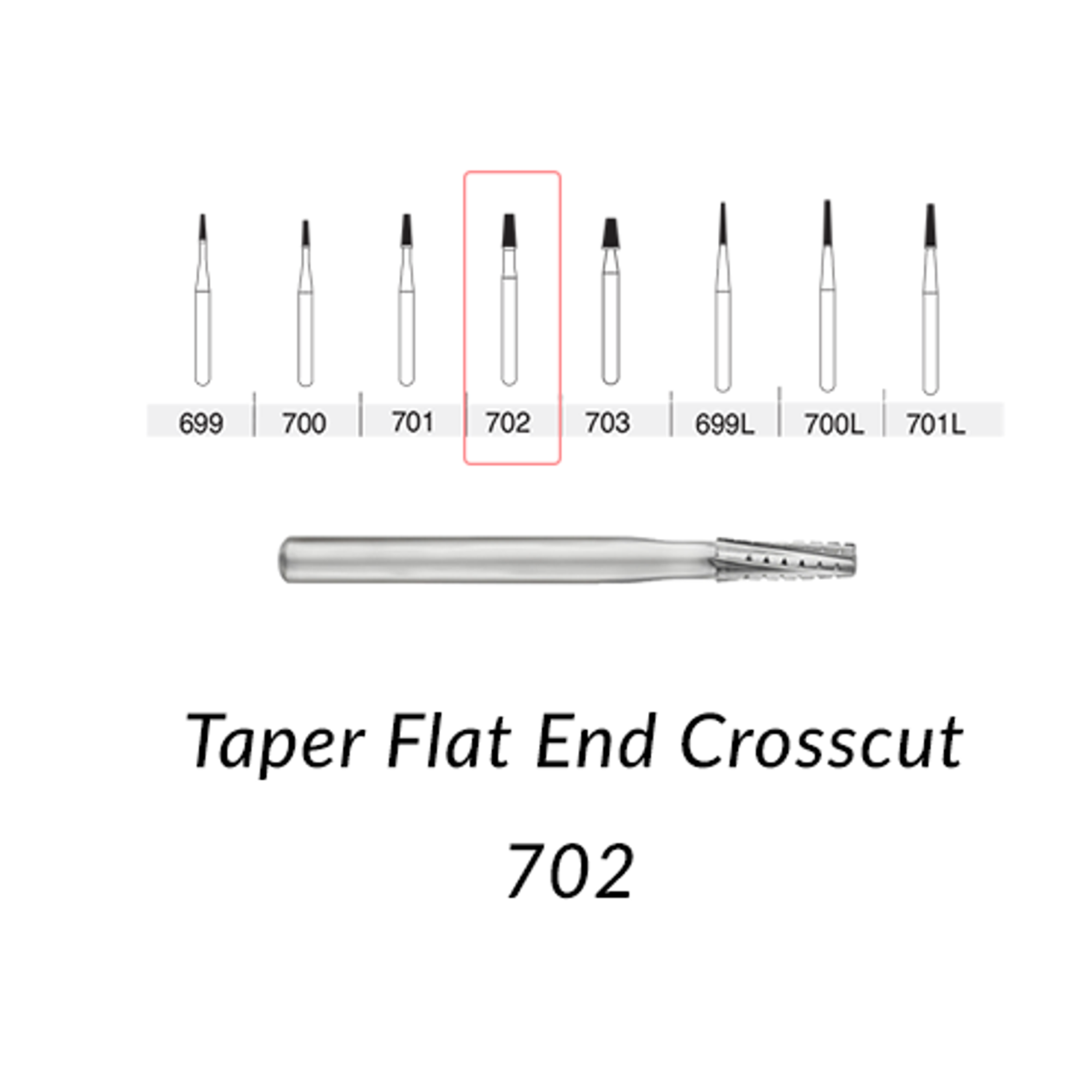 Oral Surgery Carbide Burs, Shank 2, FG, Taper Flat End Cross Cut, # 702, 1.6 mm, 5/Pk product image