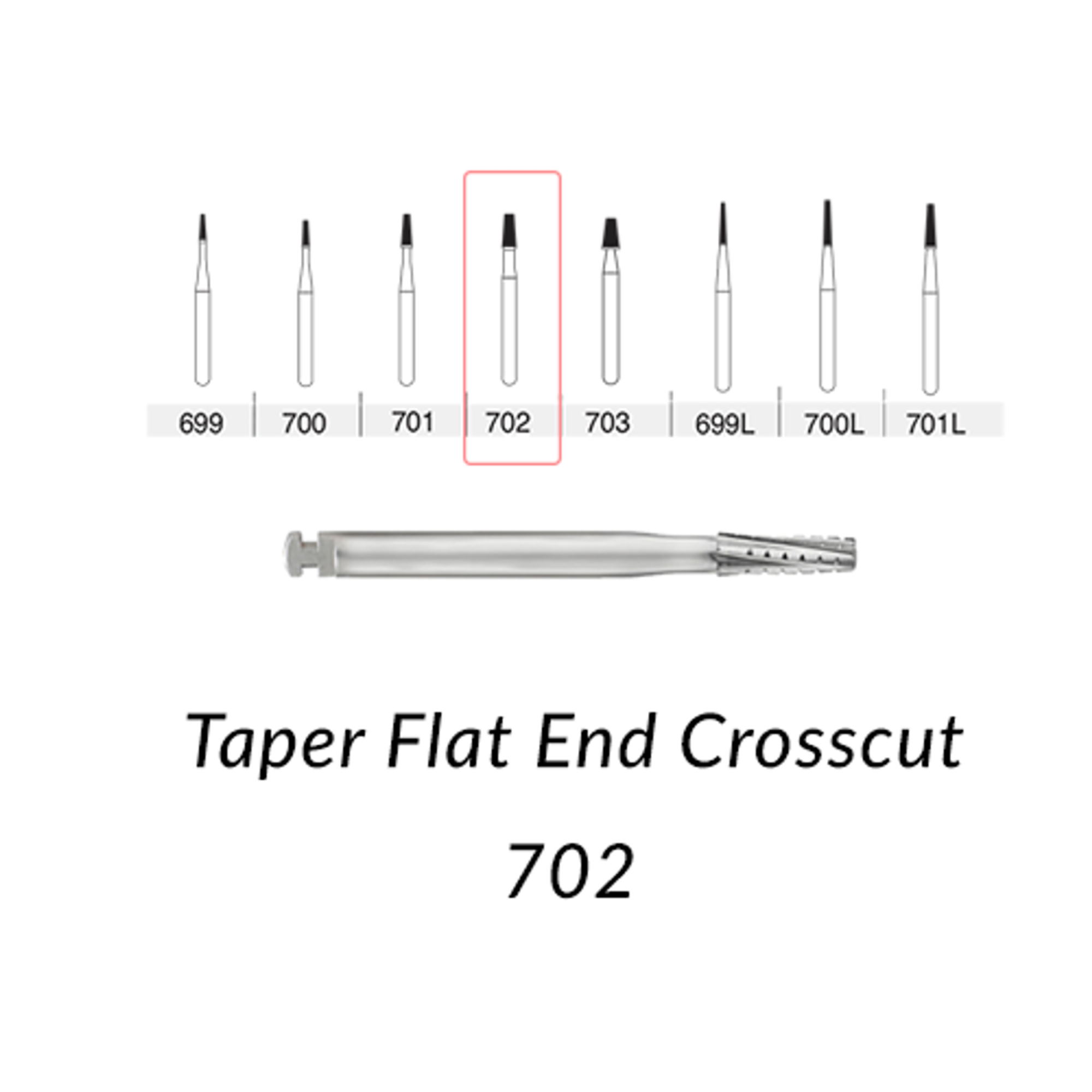 Oral Surgery Carbide Burs, Shank 4, FG, Taper Flat End Cross Cut, # 702, 1.6 mm, 5/Pk product image