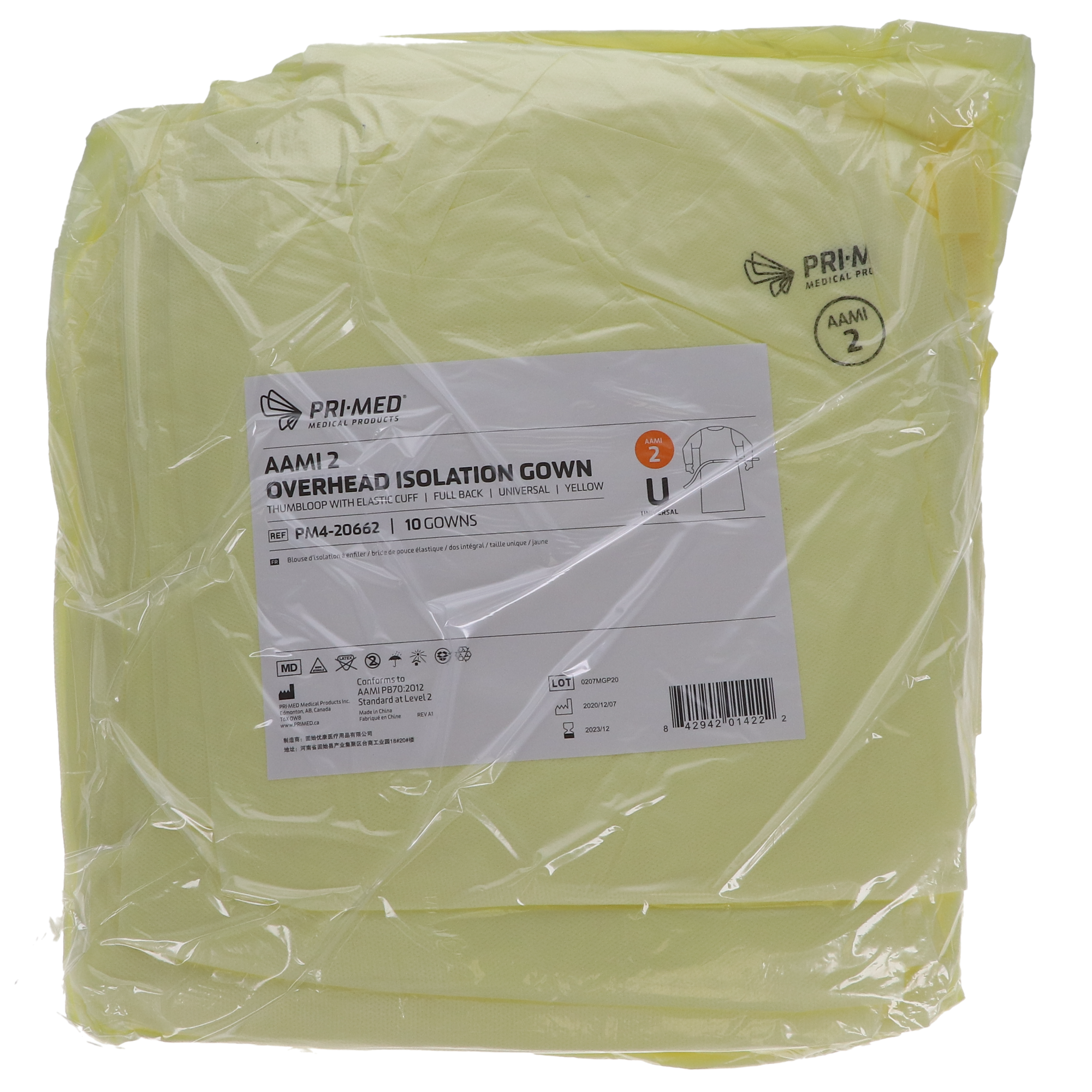Overhead Isolation Gowns, AAMI Level 2, Thumbloop with Elastic Cuff, Universal, Yellow, 10/Pk, PM4-20662 thumbnail 2