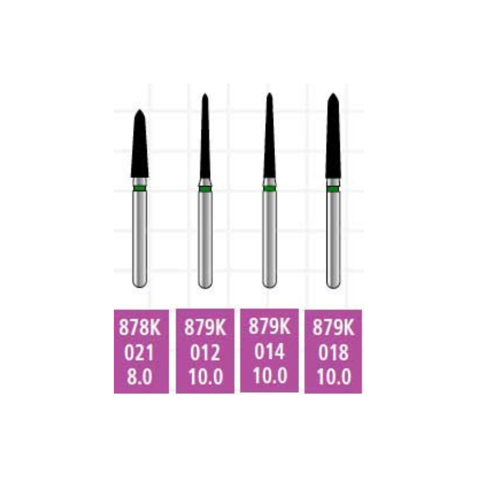 Alpen x1 Sterile Single-Use Diamond Burs, FG, Curettage/Pointed Taper, # 879K, 1.4 mm, Coarse, Green, 25/Pk, X879KC014 product image