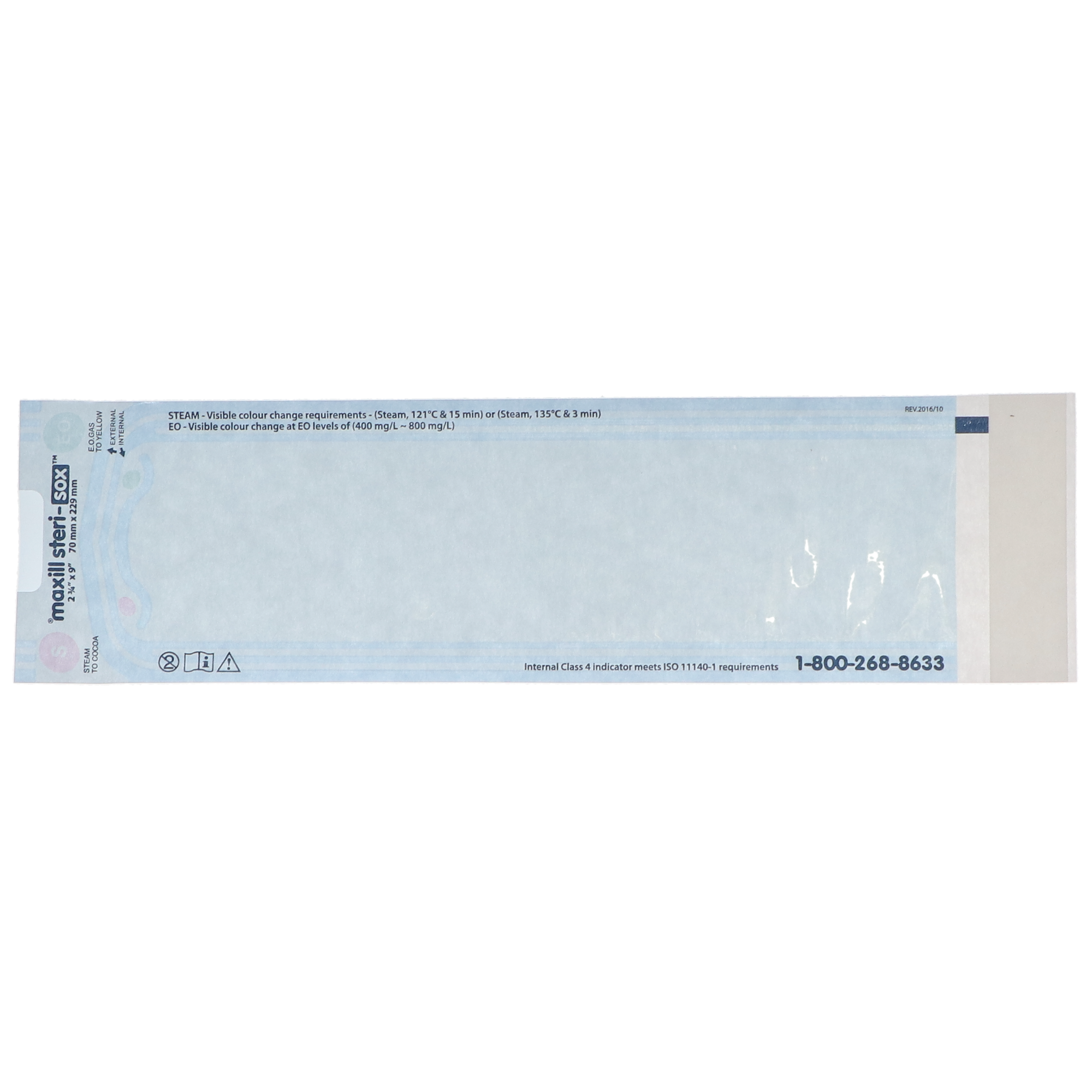 Maxill - Steri-Sox Self Sealing Sterilization Pouches, 2.75"x9", 200/Box. Multi-parameter internal and external indicators to let you know that the pouches were sterilized. Fully compatible with steam, and EO gas. product image