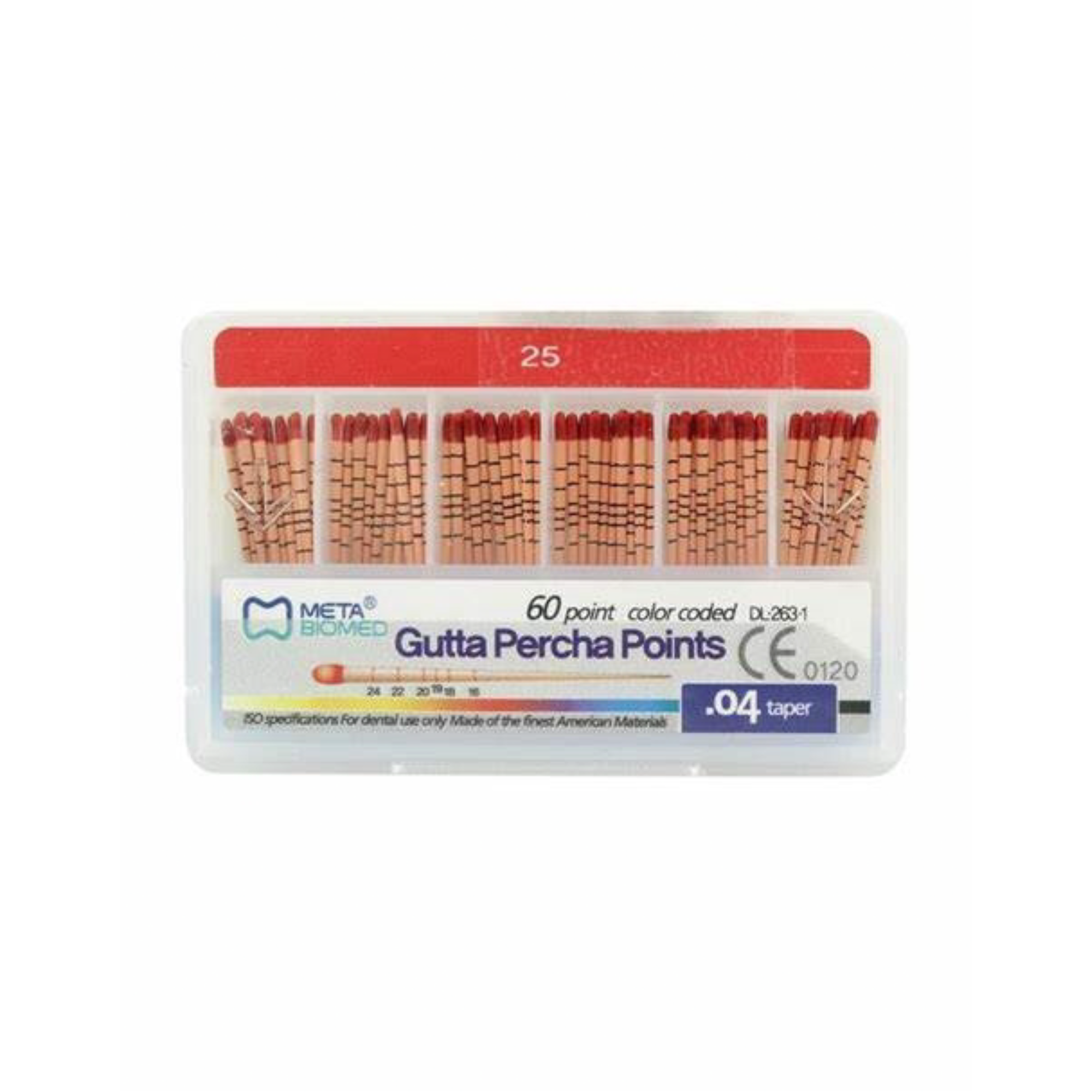 Gutta Percha Points, Bulk Pack, .02 Taper, MM Marked, # 25, Red, 120/Pk, 112520-25 product image