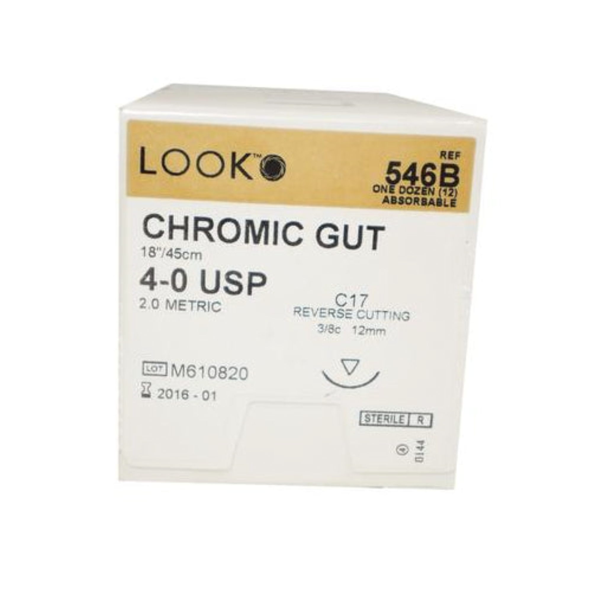 Look Sutures - Chromic Gut, 4-0, 18", C17, 3/8 Circle Reverse Cutting 12mm product image
