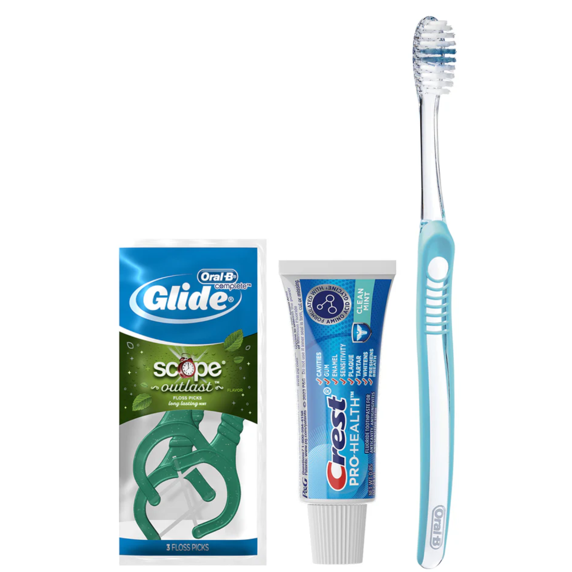 P&amp;G - Contains: Oral-B Indicator Toothbrush (35 soft); Crest PRO-HEALTH Cavity Protection Toothpaste (.85 oz); Oral-B Glide Plus Scope Outlast Floss Picks (3-pack Sachet); FREE Patient Sample Bags, 144  Bundles/cs (Old #s 80725938, 83521980) product image