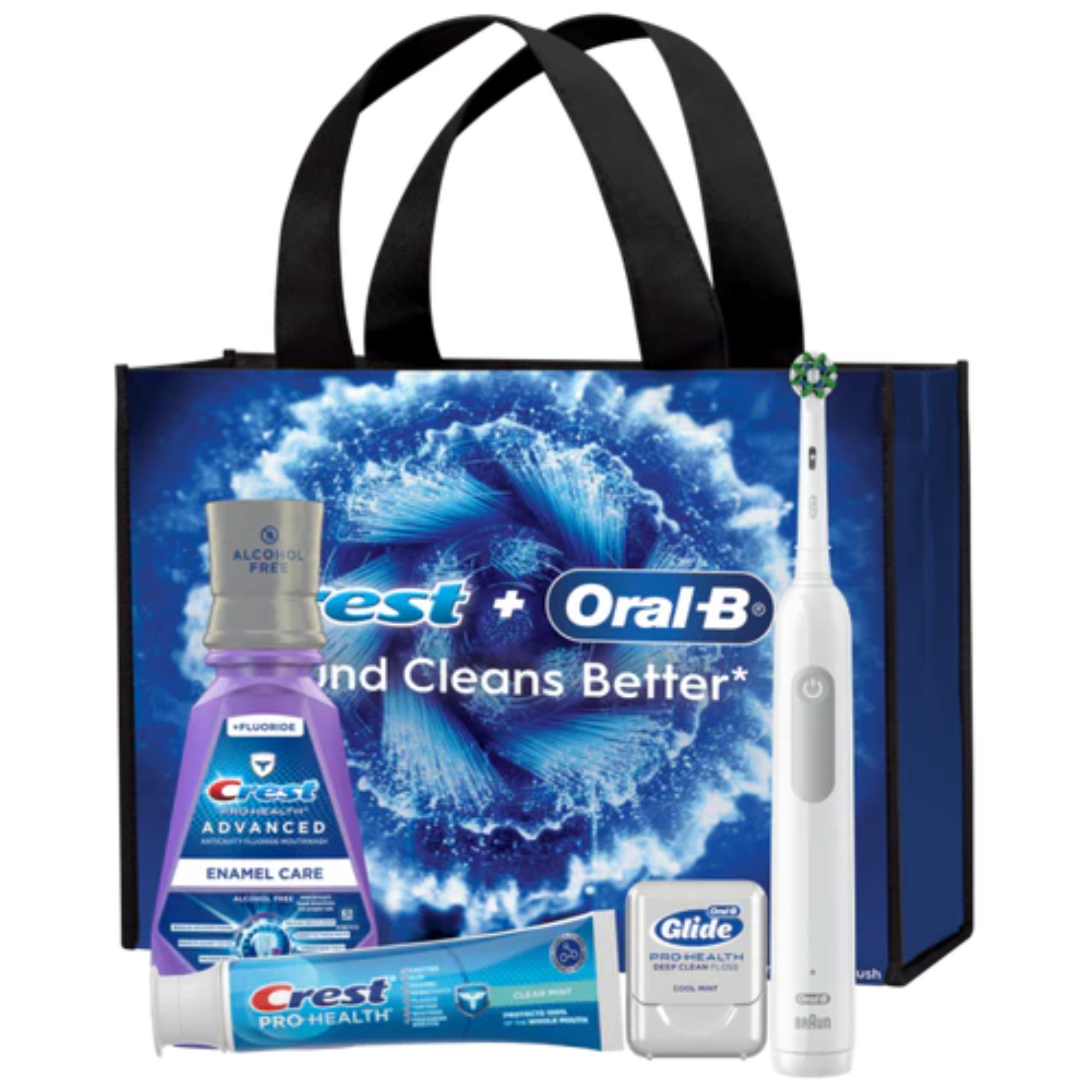 P&G - Oral-B PRO 1000 Electric Toothbrush; Crest PRO-HEALTH Clean Mint Toothpaste (4.3 oz); Crest PRO-HEALTH Advanced Enamel Care Mouthwash (500 mL); Oral-B Glide PRO-HEALTH Deep Clean Floss, 15M; Reusable Tote Bag. Brush head refills include: CrossAction. thumbnail 3