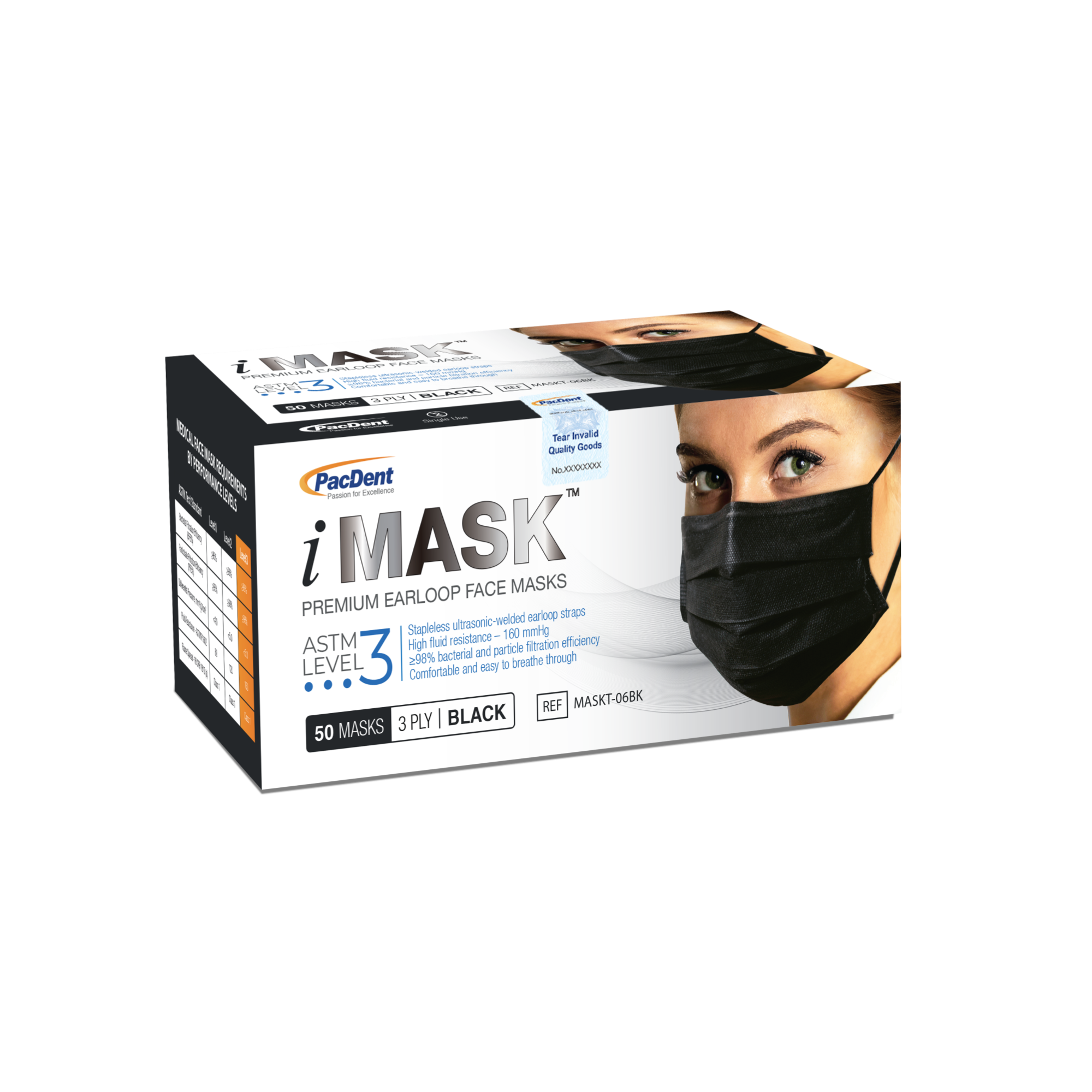 iMask Premium Ear-Loop Masks ASTM Level 3, Black, 50/Box product image