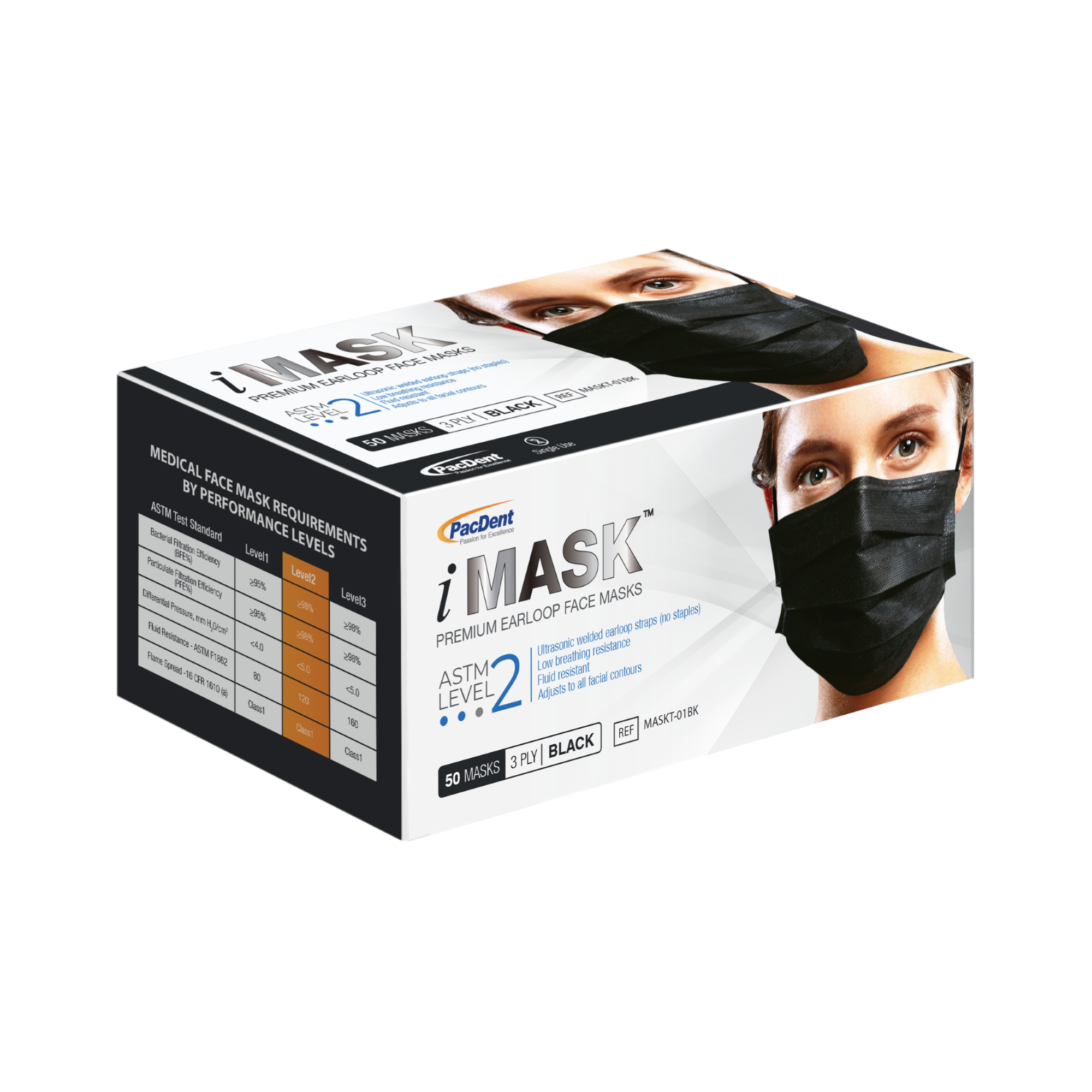 iMask Premium Ear-Loop Masks ASTM Level 2, Black 50/Box product image