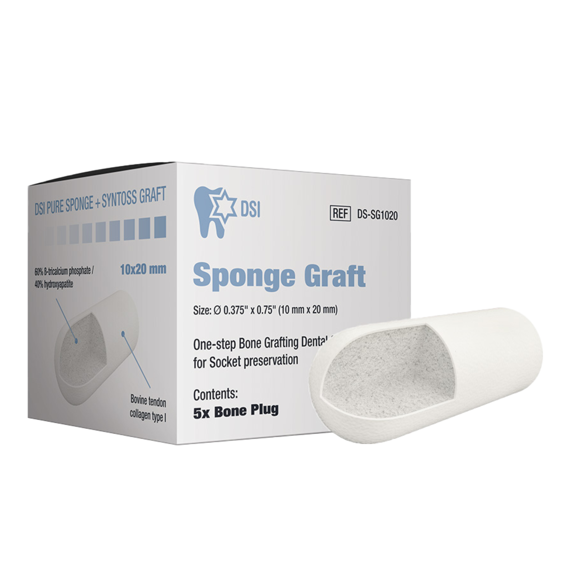 Sponge Graft Collagen Plug With Bone Sterile, 10Mm x 20Mm, 5/Box, Two-Phase Composition, DS-SG1020 product image
