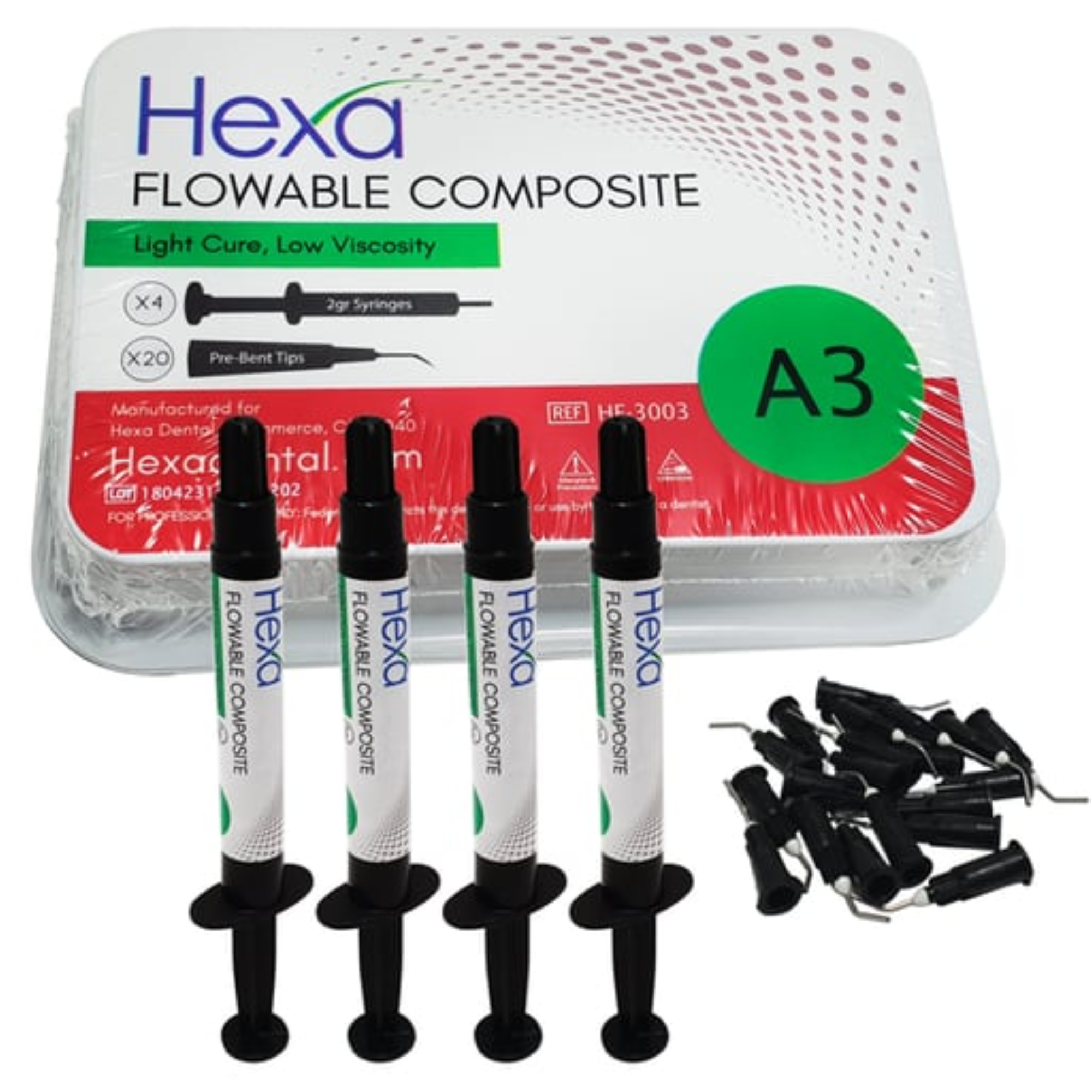 Hexa Flowable Composite A3 4 X 2 Gm syrs & 20 Bent Tips. Light Cure Low Viscosity, HF-3003 product image