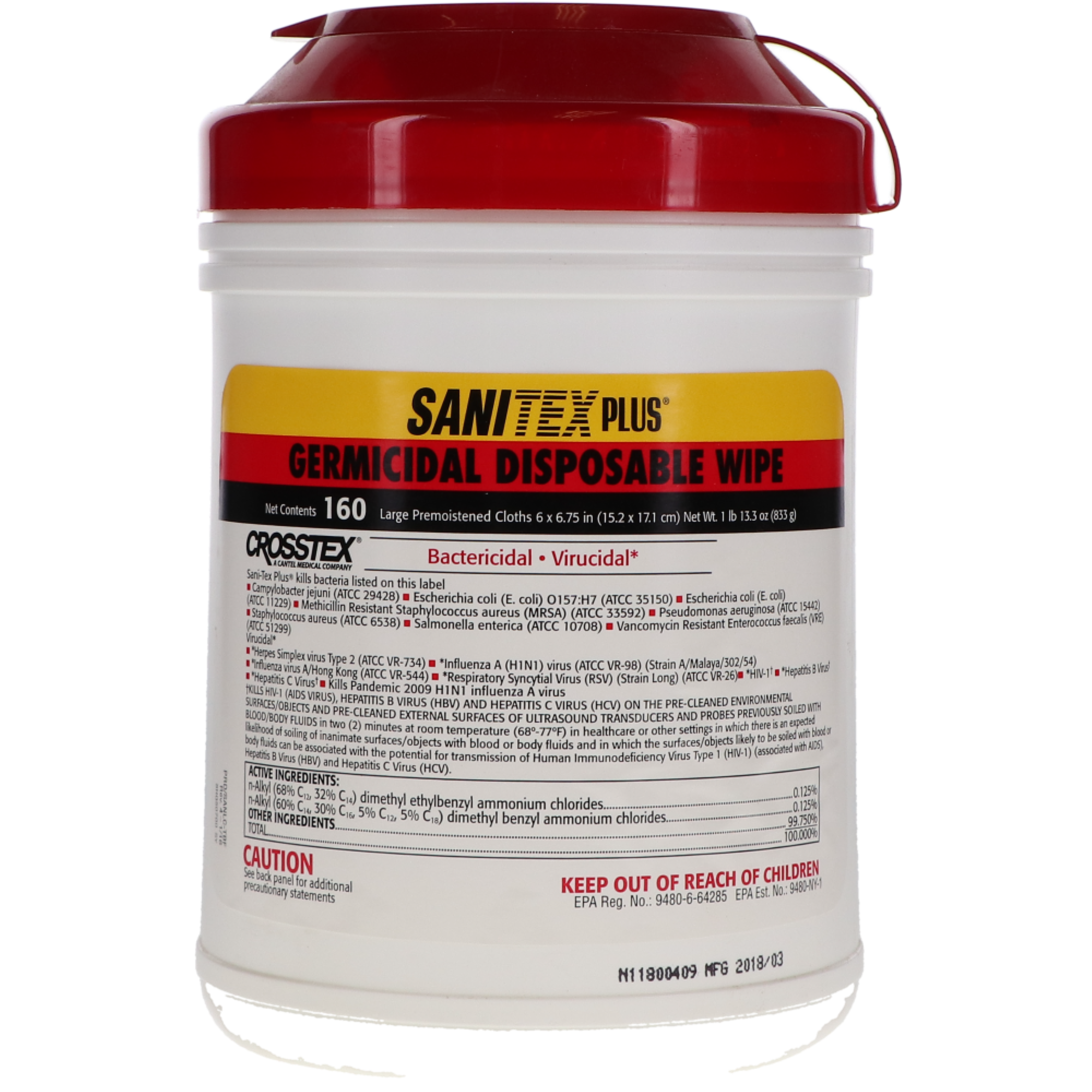 Sani-Cloth Plus Germicidal Disposable Wipes, 6" x 6.75", Large, 160 Wipes/Pk, Q89072 product image